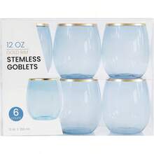D6 Pack Blue With Gold Rim Plastic Wine Glasses Steml Disposable 12 Oz  Shatterproof Plastic Wine Cups Wine Glasses For Parties - 藍金邊 - 查看 4