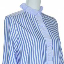 Women's Striped Stand Collar Long Sleeve Shirt, Button Front, Ruffle Trim, Regular Length Polyester Casual Blouse - Blue - View 3
