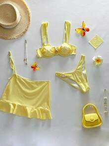 3pcs Solid Color Tankini Swimsuit Set, Wide Strap Design With Underwire For Comfortable Support, Fashionable Beach Style, Perfect For Summer Beach And Pool Party