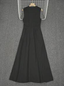 春夏时尚新款连衣裙，法式女装，长款，拉链开合，收腰，修身，返校装，美式长裙，教师装，70 年代风格连衣裙，通勤，极简主义，办公室装，复古，简约，法式，纯色连衣裙，春夏复古风格连衣裙，优雅，白色，圆领，无袖，女士时尚优雅无袖连衣裙，适合外穿 - 黑色 - 查看 2