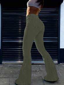 GILIPUR New Olive Green Y2K Flare Jeans For Women, High-Waisted Slim Fit Stretchy, Elegant & Fashionable Casual, Retro Street Style, Suitable For Winter & Spring, Perfect For New Year, Valentine's Day And Other Holidays, Also An Ideal Gift Choice. Sophisticated Yet Casual Appearance, Ideal For Formal Parties, Casual Dinners And Concerts. - Army Green - View 10