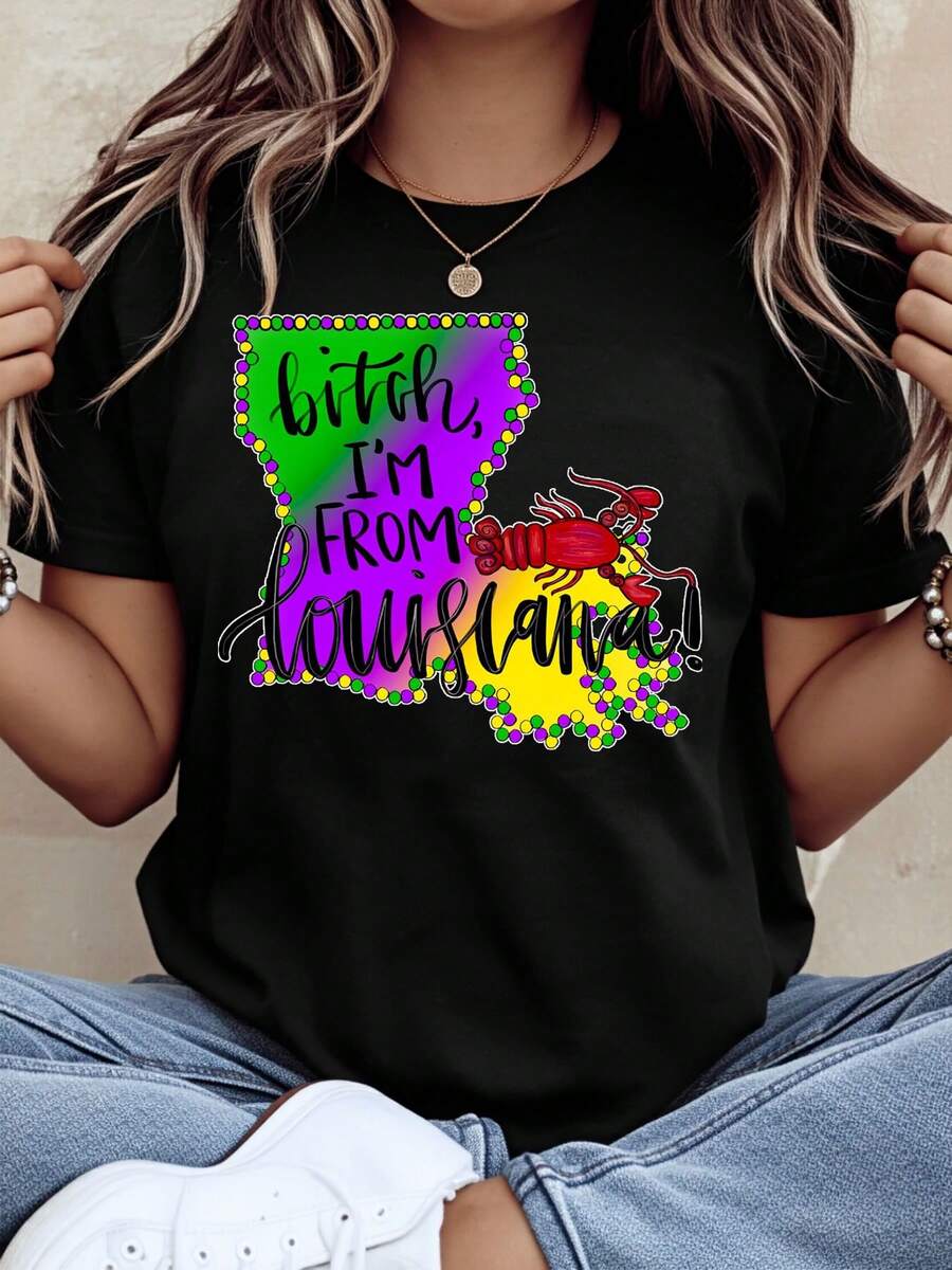 Im From Louisiana Mardi Gras T-Shirt With Crawfish And State Outline Design For Festivals And Celebrations,220g - màu đen - Xem 1