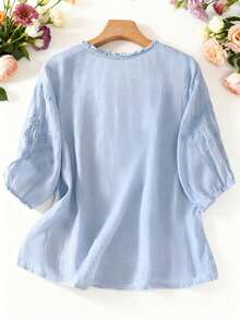 Áo cánh tay giữa thêu phong cách Bohemian rộng rãi thời trang xuân/hè cho nữ, thường ngày mùa hè cho phụ nữ, phụ nữ đồng quê - Màu xanh lam - Xem 2