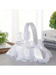 1个优雅白色蕾丝婚礼花篮，带蝴蝶结 - 便携式仪式装饰、新娘礼物、派对用品、手工饰品、婚礼配饰，非常适合婚礼季、情人节婚礼花篮
