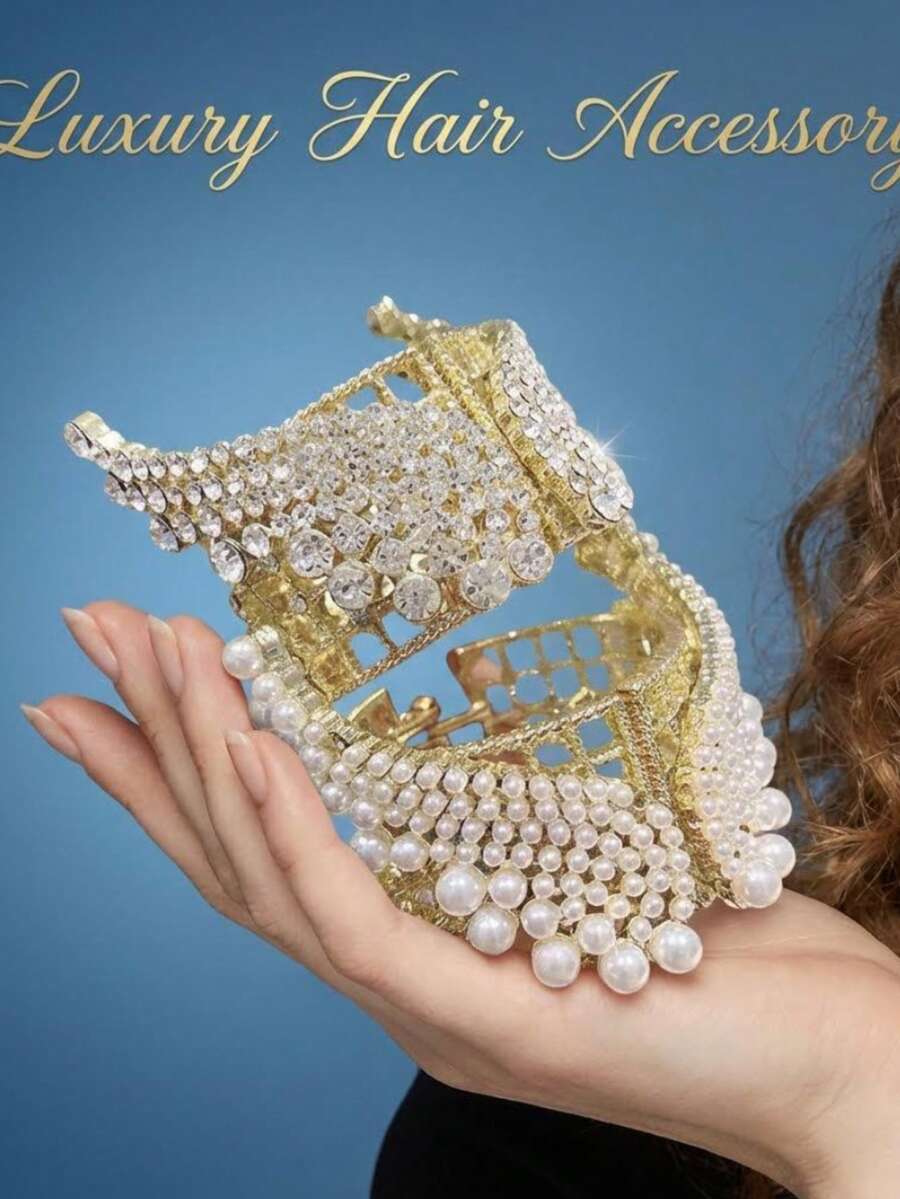 1Pc Women's Custom Luxury Angel Wings Hair Clip – Sparkly Pearl Crystal Crown, Strong Grip Anti-Slip, Elegant Versatile - Multicolor - View 1