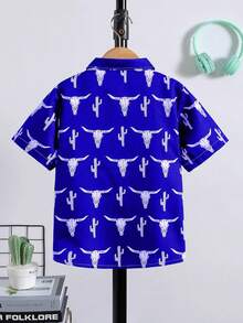 Boys' Casual Loose Breathable Short Sleeve Skull Print Vacation Shirt, Summer - Royal Blue - View 2