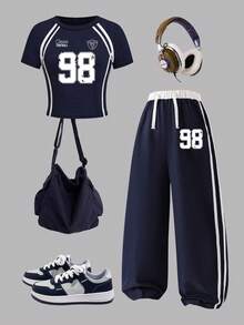 Tween Girls' Numeric Print Asymmetric Shoulder Short Sleeve Top And Pants Set - Royal Blue - View 1