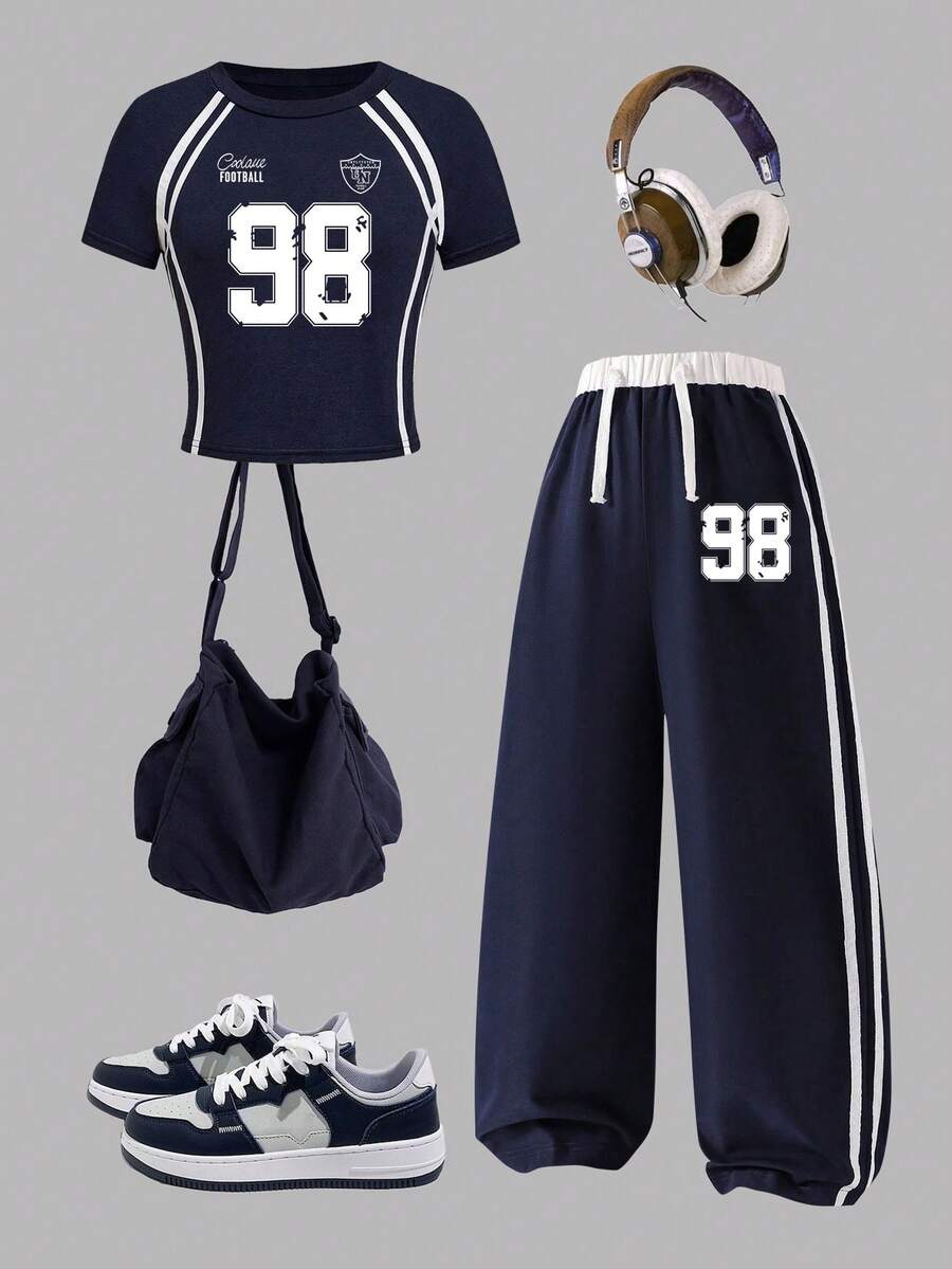 Tween Girls' Numeric Print Asymmetric Shoulder Short Sleeve Top And Pants Set - Royal Blue - View 1