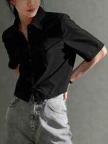Women Casual Asymmetric Button Down Shirt,Short Sleeve Tops - Black - View 5