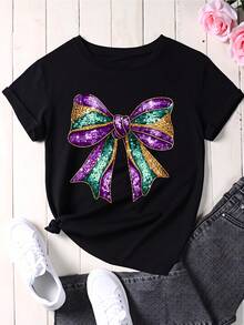 Mardi Gras Sequin Bow Print T Shirt Women Casual Short Sleeve Top Party Wear Fashion Graphic Tee - 黑色 - 查看 2