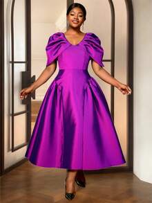 大码优雅闪亮A字型夸张泡泡袖长款派对礼服，褶皱半泡泡袖鸡尾酒会正式礼服，适合约会、派对、婚礼、伴娘、毕业典礼、秋季婚礼宾客等场合 - 紫色 - 查看 4