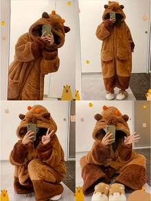 Capybara Hooded Coral Fleece Cartoon Cute Robe, Autumn/Winter Cartoon Sweet Ladies' Bathrobe Sleepwear, Suitable For Adults, With Large Pockets And Cuff Design, Warm For Autumn/Winter, Can Be Used As Gift, Couple Set, Christmas Gift, New Year Gift