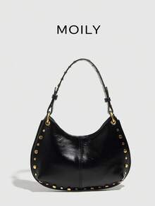 Punk Street Style Rivet Adjustable Shoulder Crossbody Saddle Bag For Women , Punk - Black - View 3