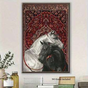1pc Vintage Frameless Canvas Wall Art - Two Horses On Persian Rug, Equestrian & Persian Carpet Design, Red & Blue Traditional Patterns, Modern Aesthetic Room Decor For Living Room, Corridor, Bedroom