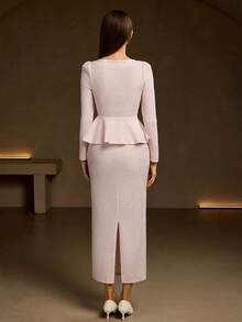 女士秋冬新款优雅两件套西装 - 方领，金色亮片，银色蕾丝，粗花呢风格银线饰边，鱼尾下摆中裙，荷叶边下摆带开衩，适合情人节、圣诞节、毕业典礼 - 粉紅白色 - 查看 2