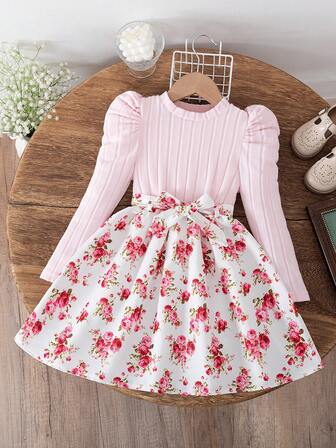 Young Girl' Fashion Casual Puff Sleeve Long Sleeve Fleece Print Dress + Matching Print Belt