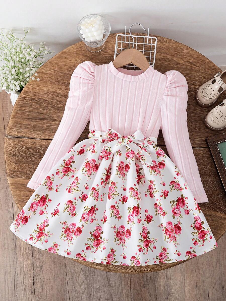Young Girl' Fashion Casual Puff Sleeve Long Sleeve Fleece Print Dress + Matching Print Belt - Pink - View 1