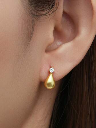 A Pair Of Sterling 925 Silver Fashionable Elegant Geometric Water Drop Zirconia Ear Hoops Earrings For Women Daily Wearing Friendship Birthday Party Jewelry Gift