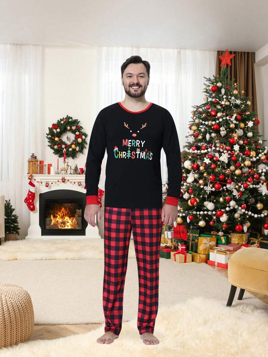 2件套男士亲子圣诞鹿格子长袖上衣和裤子睡衣套装，舒适假日家居服，秋冬服装 - 黑色 - 查看 1