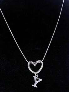 1 pieza Collar con colgante de corazón y 26 letras de estilo minimalista y elegante, joyería de mujer adecuada para uso diario, regalo perfecto para seres queridos - Plateado - Ver 26