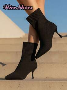 女式 2025 新款尖头修身踝靴，优雅短靴，简约时尚修身舒适高跟靴，百搭搭配各种服装，有黑色、米色、酒红色、红色、酒红色可选 - 黑色 - 查看 3