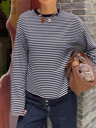 Damen Casual Top, gestreifter Farbblock gerippter Alltagskleidung Frühling