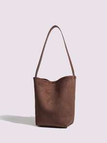 Borsa a secchiello in pelle scamosciata di cervo stile coreano 2025, borsa a tracolla per pendolari di grande capacità, adatta per autunno/inverno - Castano - Visualizzare 3