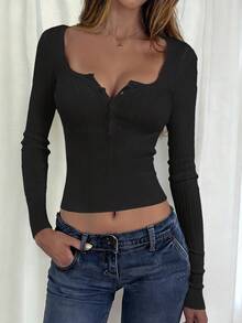 Mystra 女士休闲纽扣罗纹修身长袖毛衣/T恤，适合夏季和秋冬季节穿着 - 黑色 - 查看 4