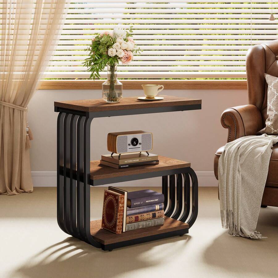 Small End Table, Nightstand, 3 Tier Narrow Side Table Industrial Vintage With Metal Frame, Accent Table For Living Room, Bedroom, Small Spaces - 棕色+黑色 - 查看 1