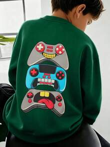 Tween Boy Casual Simple Remote Control Printed Long Sleeve Sweatshirt Autumn And Winter Student - Dark Green - View 7