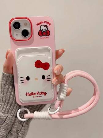 Sanrio 1pc Hello Kitty Graphic Bow Decor Card Holder Phone Case With Lanyard, Convenient & Fashionable Cute Shockproof Protective Cover Compatible With IPhone 17/17 Pro Max, 16 Pro Max, 15 Pro, 14/13/12/11, Ideal Christmas Gift For Family, Friends, Sisters, Girlfriend