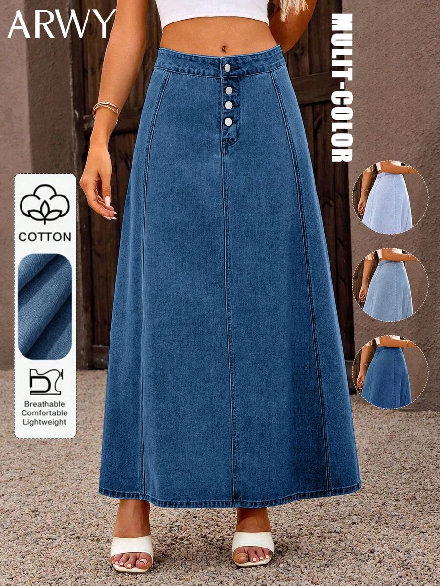 Chân váy denim dài dáng chữ A xòe rộng, chất liệu denim wash màu xanh navy dành cho nữ, có cúc cài phía trước và túi, chất vải không co giãn, thoải mái, thích hợp mặc hàng ngày vào mùa xuân. - Rửa tối - Xem 1