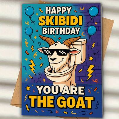 1张趣味生日贺卡，“祝SKIBIDI生日快乐，你是最棒的！”创意生日祝福，饰以缤纷派对元素，适合送给妻子、丈夫、男友、女友，时尚独特的生日贺卡，表达“你是最棒的”。