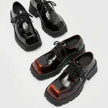 British Style Square Toe Thick Sole Men's Height Increasing Glossy Niche Derby Low-Top Formal Wedding Shoes - màu nâu - Xem 1