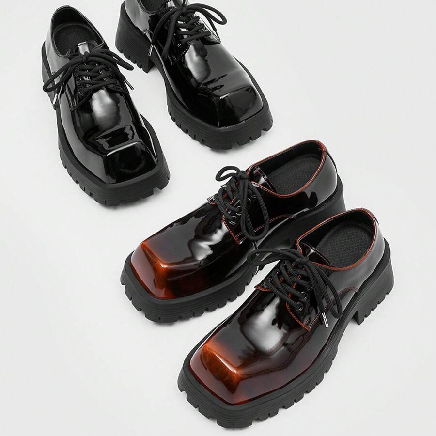 British Style Square Toe Thick Sole Men's Height Increasing Glossy Niche Derby Low-Top Formal Wedding Shoes - màu nâu - Xem 1