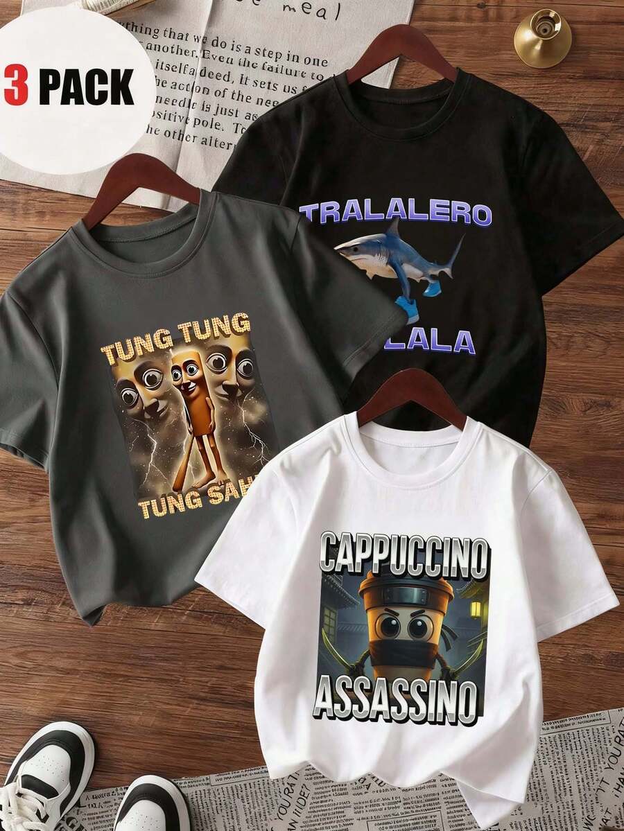 3pcs Tween Boys' "Italian Brainrot" Graphic Print Crew Neck Short Sleeve T-Shirts, Summer Tops - White - View 1