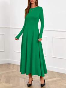 Women Fall Dresses Boat Neck Long Sleeve High Waist A-Line Flowy Knit Party Maxi Dress Spring Autumn Evening Formal Wedding Party Valentine Long Dress Outfits - 綠色 - 查看 4