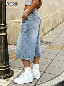 Quần short denim nữ cỡ lớn mùa xuân và mùa hè mới phong cách đường phố châu Âu và Mỹ cạp vừa không co giãn rộng rãi thường ngày cỡ lớn - Rửa trung bình - Xem 2