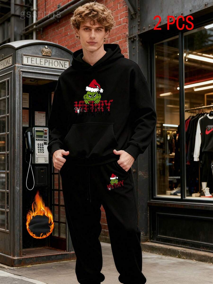 (2 PCS) Christmas Hoodies 2 Set Festive Men's White Christmas Hoodies Sleeve Casual 2pc With Green Hand & Santa Hat Print, Heart-Shaped Christmas Tree & "Merry Fitmas" Slogan - Holiday Party Outfit, All-Season Wear, Machine Washable - 黑色 10 - 查看 1