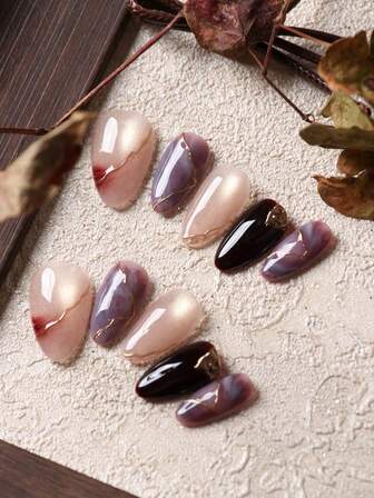 10 piezas de uñas acrílicas de almendra en rosa y morado; uñas postizas cortas de uso diario de oficina con efecto de ojo de gato, kit de uñas artificiales que incluye 1 hoja de pegatinas adhesivas y 1 lima pequeña