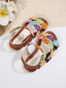 1双儿童夏季女童平底凉鞋，满是向日葵图案，乡村风格，适合日常生活、海滩度假和旅行。 - 彩色 - 查看 5