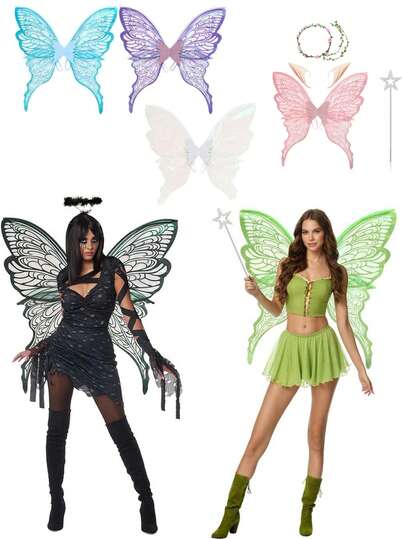 1 pieza/4 piezas Alas de mariposa de hada, accesorios para fiesta de carnaval, alas de mariposa brillantes para vestido de boda, alas de ángel, accesorios de disfraz de carnaval para mujer, diadema con alas de flores de lámina dorada y orejas de elfo