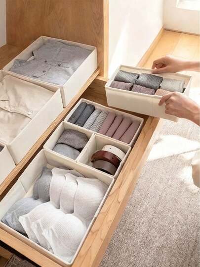 1/3pcs Beige Fabric Drawer Storage Boxes - Foldable Closet Organizers, Multiple Sizes Available, Rounded Corners. Soft Fabric Wardrobe Storage Boxes For Bras, Underwear, Socks, Ties And Clothes. Space-Saving Closet And Drawer Organizers. Clothing Storage Boxes, Wardrobe Organizers, Room Decor, Storage Bins. [Random Packaging, Color May Vary Slightly]