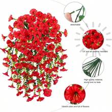 10/6/4/2/1 piezas Floral colgante artificial para exteriores, Campanilla de la mañana roja brillante, adecuada para bodas, hogar, oficina y decoración de jardín, flores artificiales con hojas de eucalipto, plantas colgantes realistas resistentes a los rayos UV, ideales para decoración de otoño, decoración de Acción de Gracias, arco de boda, pared, jardín, dormitorio, fiesta al aire decoración de oficina - rojo brillante - Ver 4