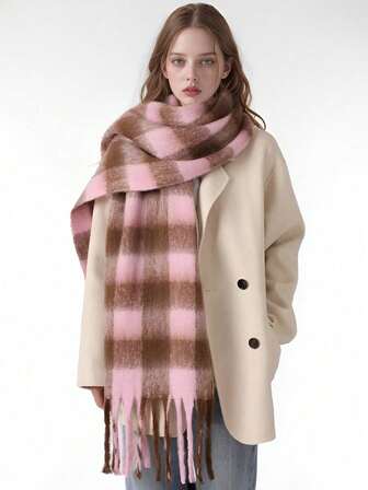 1 st höst/vinter mode randig rutig fleece varm dam bouclé rosa brun färg ull tjock halsduk, varm akrylhalsduk som kashmir, bohemisk casual vindtät parsjal, bekväm filthalsduk, lämplig för dagligt bruk