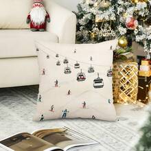 1pc Winter Skier & Cable Car Scenery Printed Pillowcase, Holiday Decor Cushion Cover, Suitable For Living Room Sofa Indoor/Outdoor Decoration, Linen-Like Fabric, Single-Sided Print, Pillow Insert Not Included - Beige - View 3