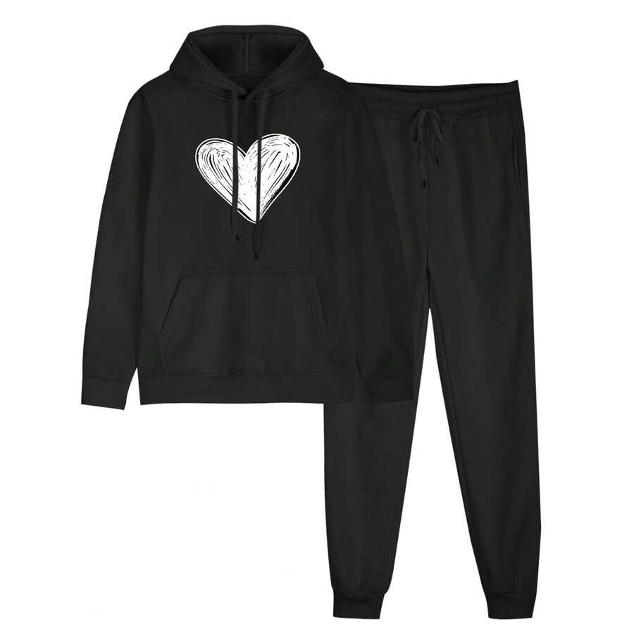 Outfits Women's Sports Tracksuits Long Sleeve Pullover Hoodies Sweatshirt Loose Coat And Sweatpants Fall Winter Suit Classic Heart Graphic Drawstring Long Sleeve Hoodies Sweatshirt And Pants Set - 黑色5 - 查看 1
