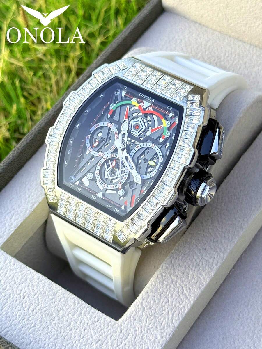 ONOLA Fashion Brand Waterproof Mechanical Watch Automatic Movement Men Luxury Watch Men Wristwatches Diamond Watch Men - 白色 - 查看 1