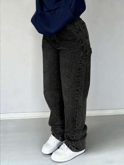 NVFelix 女士宽松直筒牛仔裤，做旧水洗，优雅时尚，Y2K户外风格，黑色，适合冬季、感恩节和新年穿着