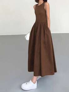 Đầm không tay có túi, màu trơn, chất liệu lụa Aurora dành cho nữ, thích hợp cho mùa xuân, hè, thu và các buổi tiệc sang trọng. - màu nâu - Xem 3
